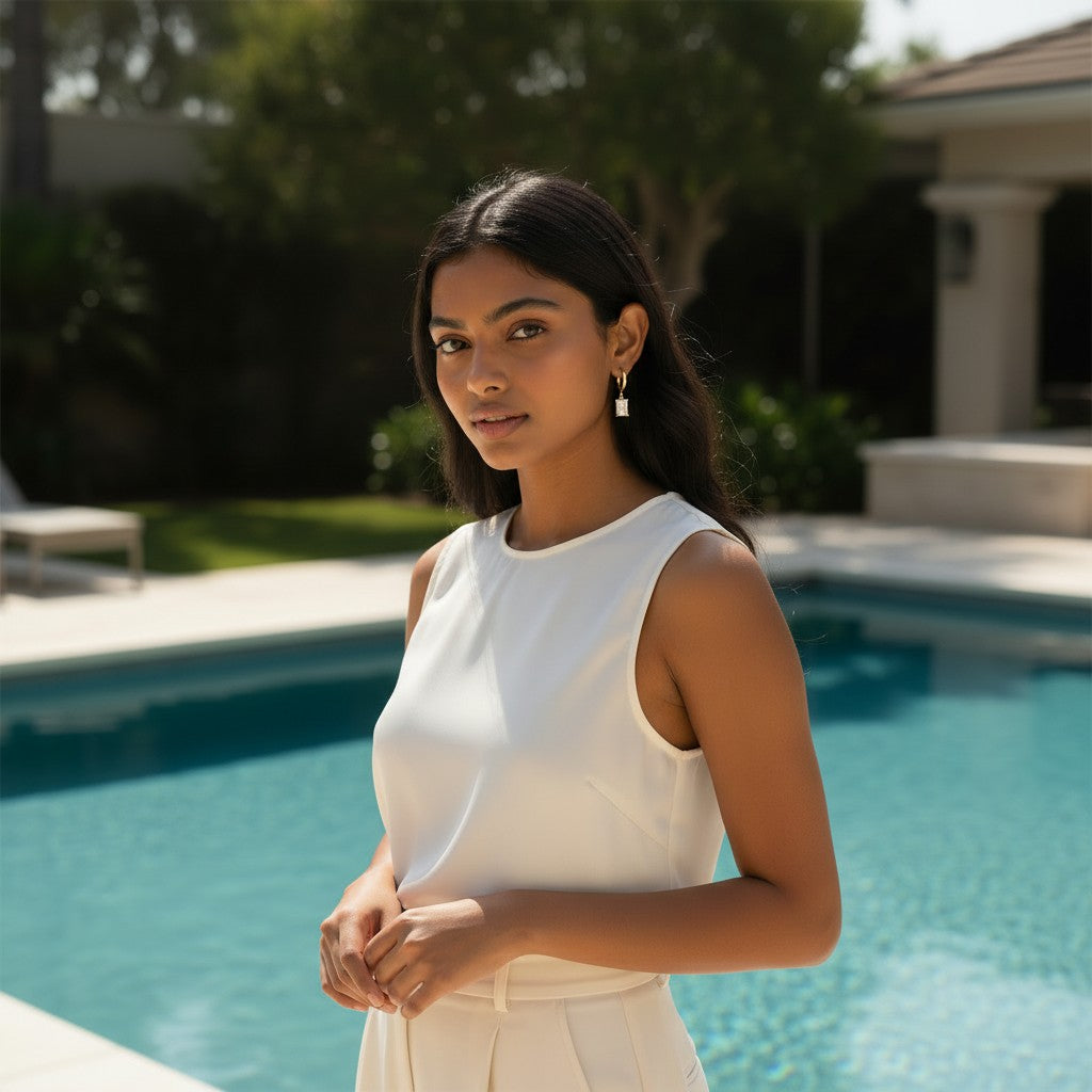 Woman in a white sleeveless top standing by a pool with greenery in the background